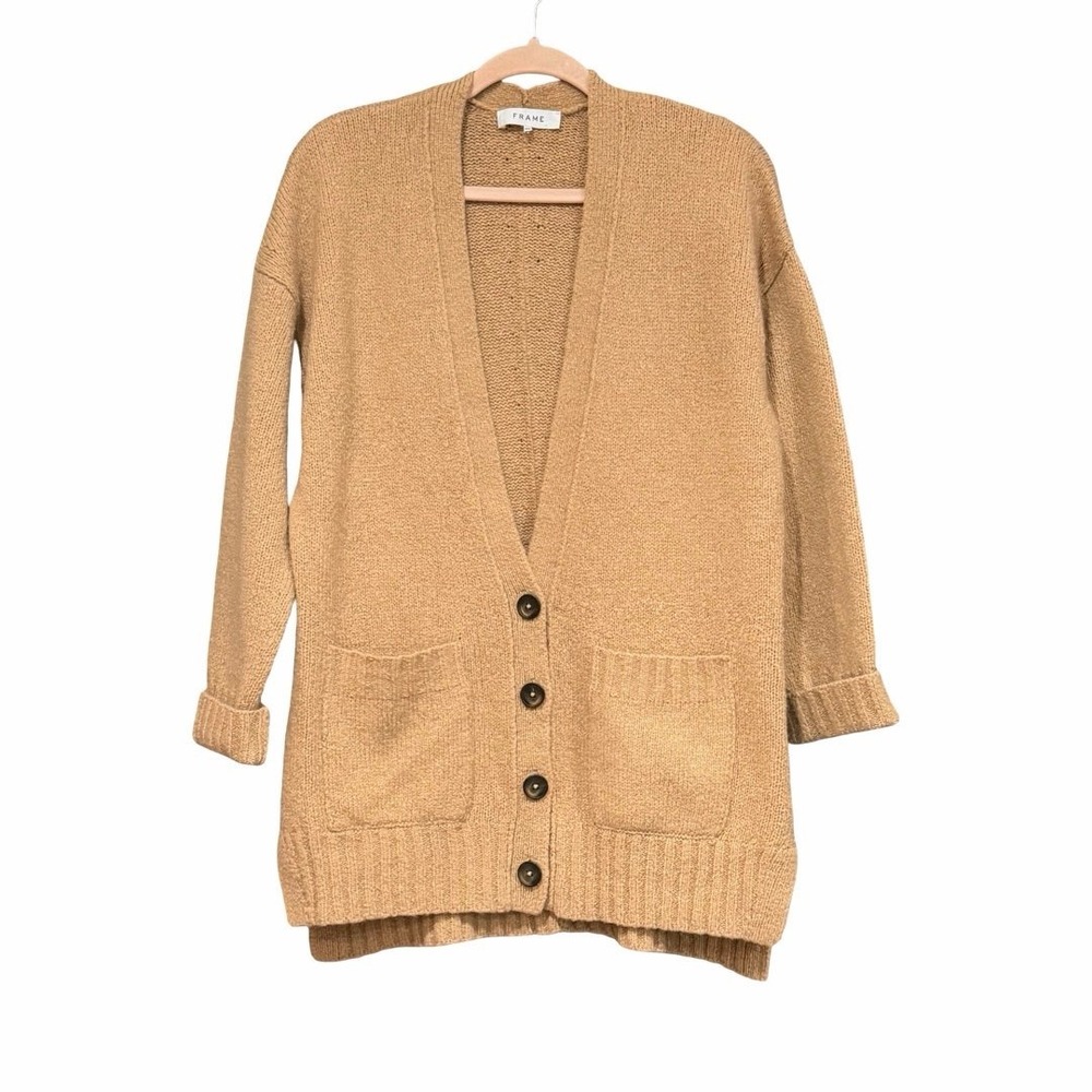 FRAME Tan‎ Button Front Knit Cardigan Sweater Pockets Earth Tone Classic Cozy